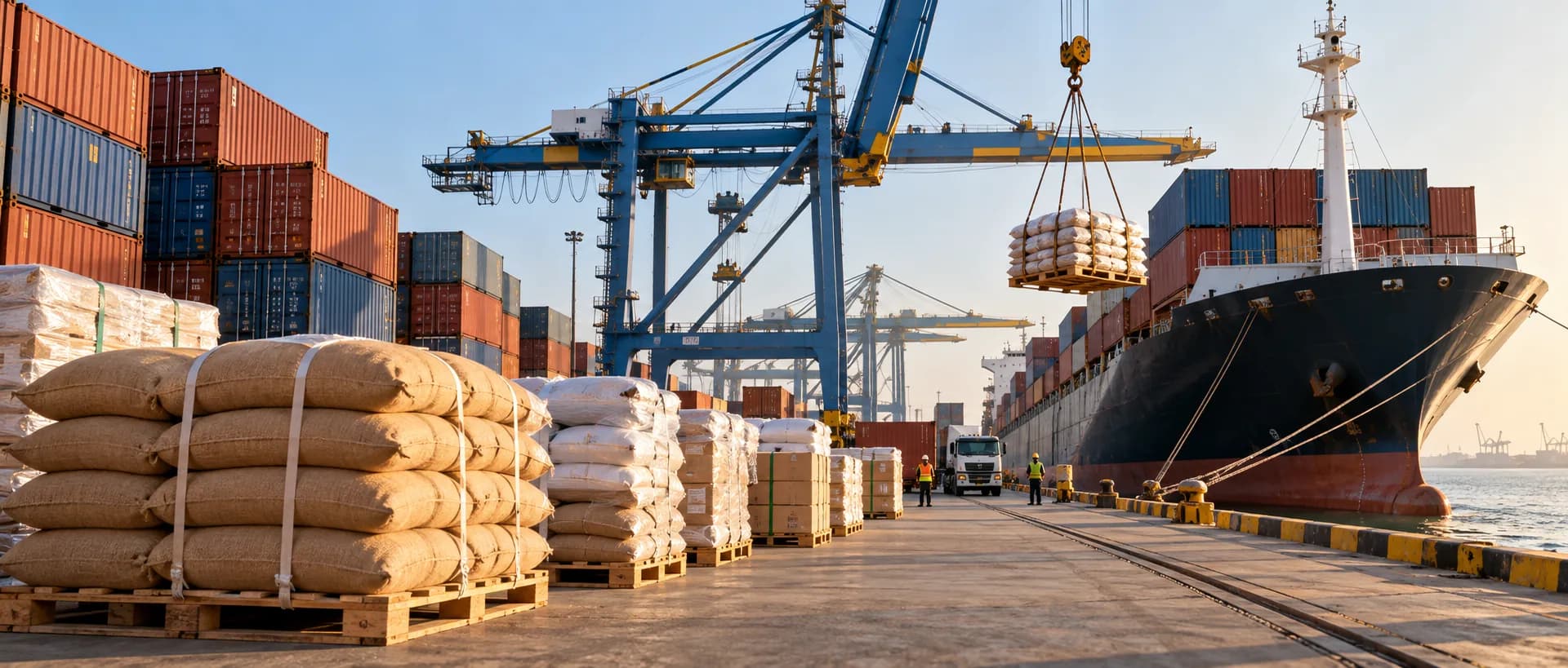 Sacks of export cargo being lifted by crane onto a container ship at an Indian port, with palletised sacks and stacked containers on the dock