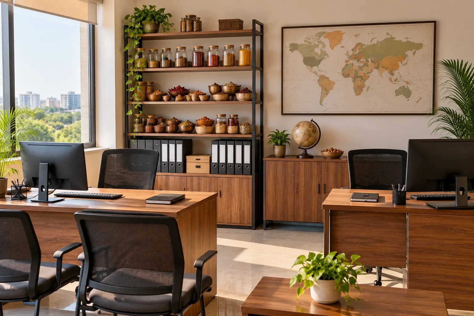 Export trade office with two workstations, shelves of spice sample jars and document folders, and a world map on the wall